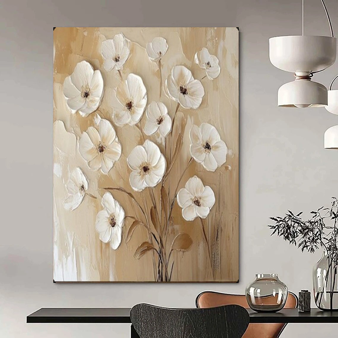 “Textured White Flowers on Beige” – Impasto Floral Oil Painting On Canvas CT2155