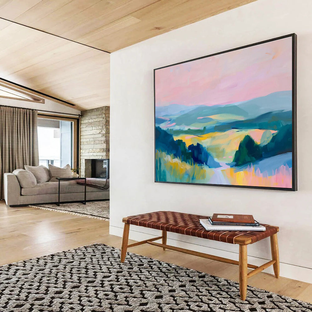 Vibrant Valley Vista Pink Blue Green Landscape Painting On Canvas DKH210