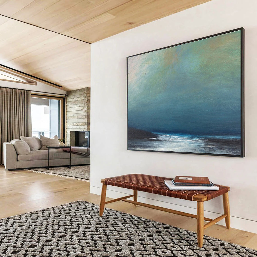 Muted Blue and Gray Seaside “Hazy Coastal Calm” Painting On Canvas DKH107