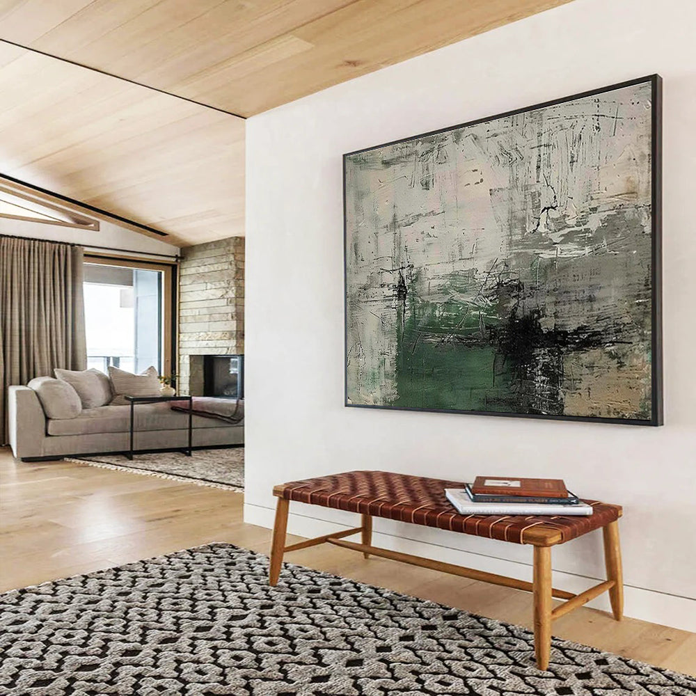 Gray and Green Abstract “Industrial Textured Abstraction” Painting On Canvas DKH151