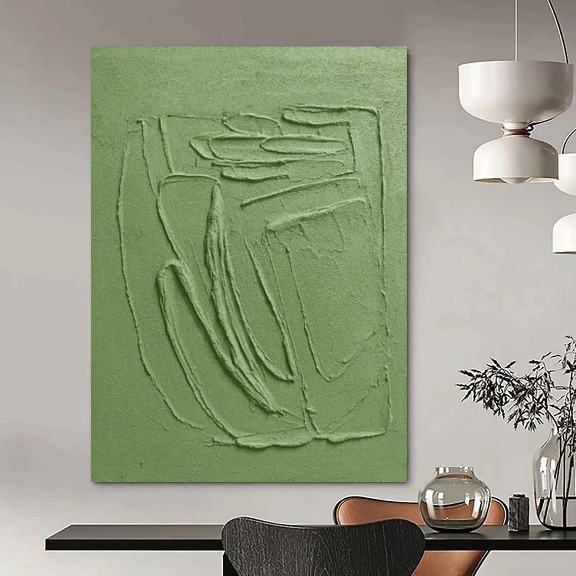 Green Textured Relief - Minimalist Textured Sculptural Painting On Canvas CT2281