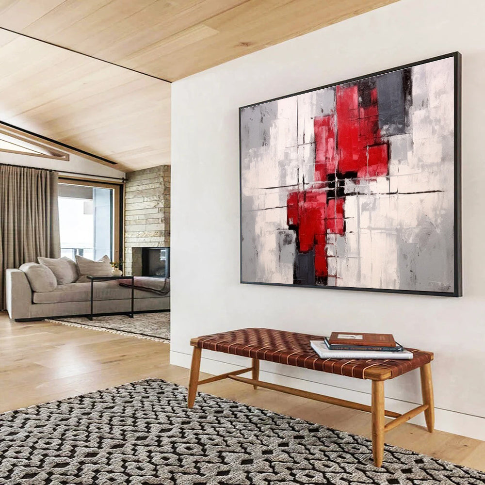 Red Gray and White Geometric Forms Structured Abstract Composition Painting On Canvas DKH269