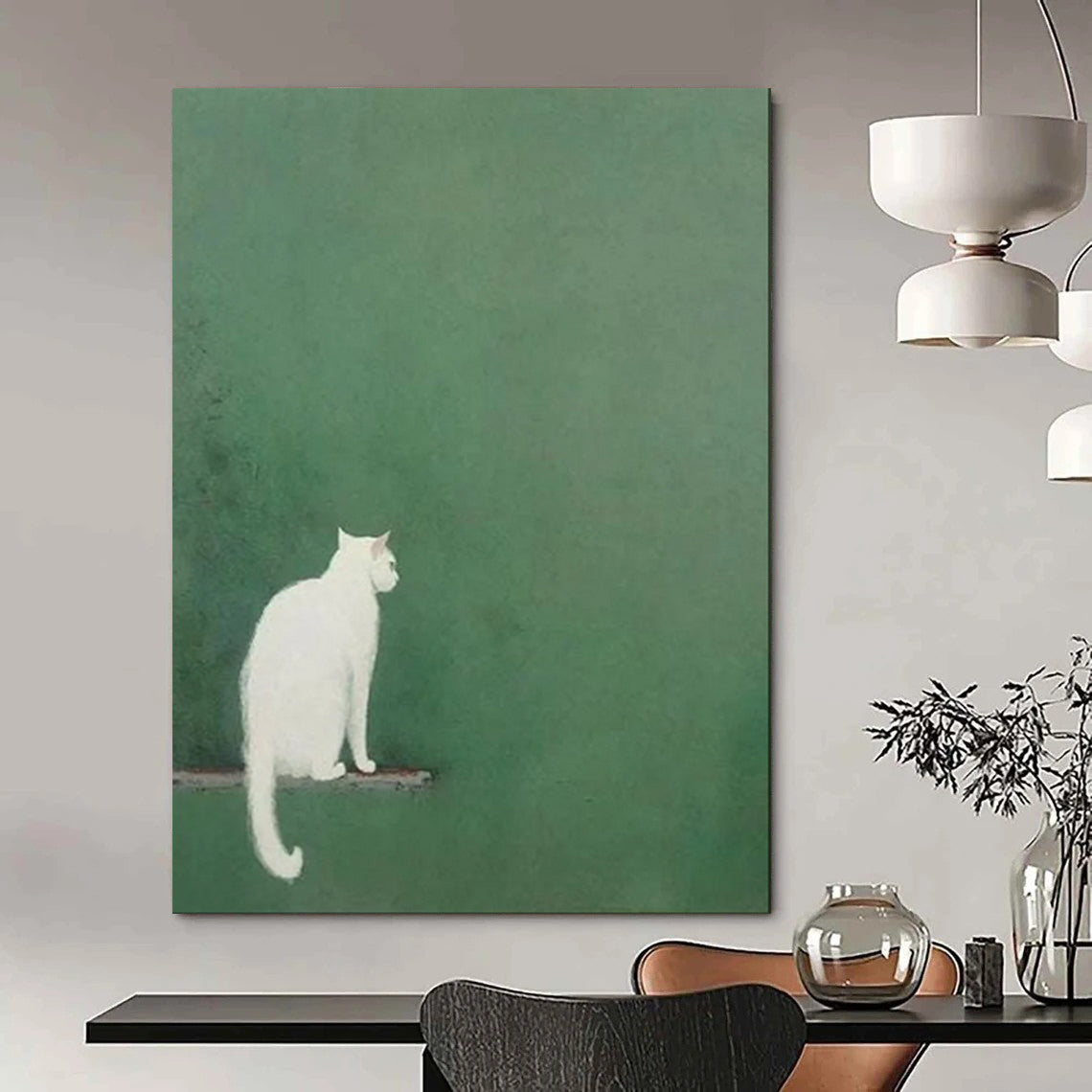 “White Cat on Green” - Minimalist Animal Art CT1937