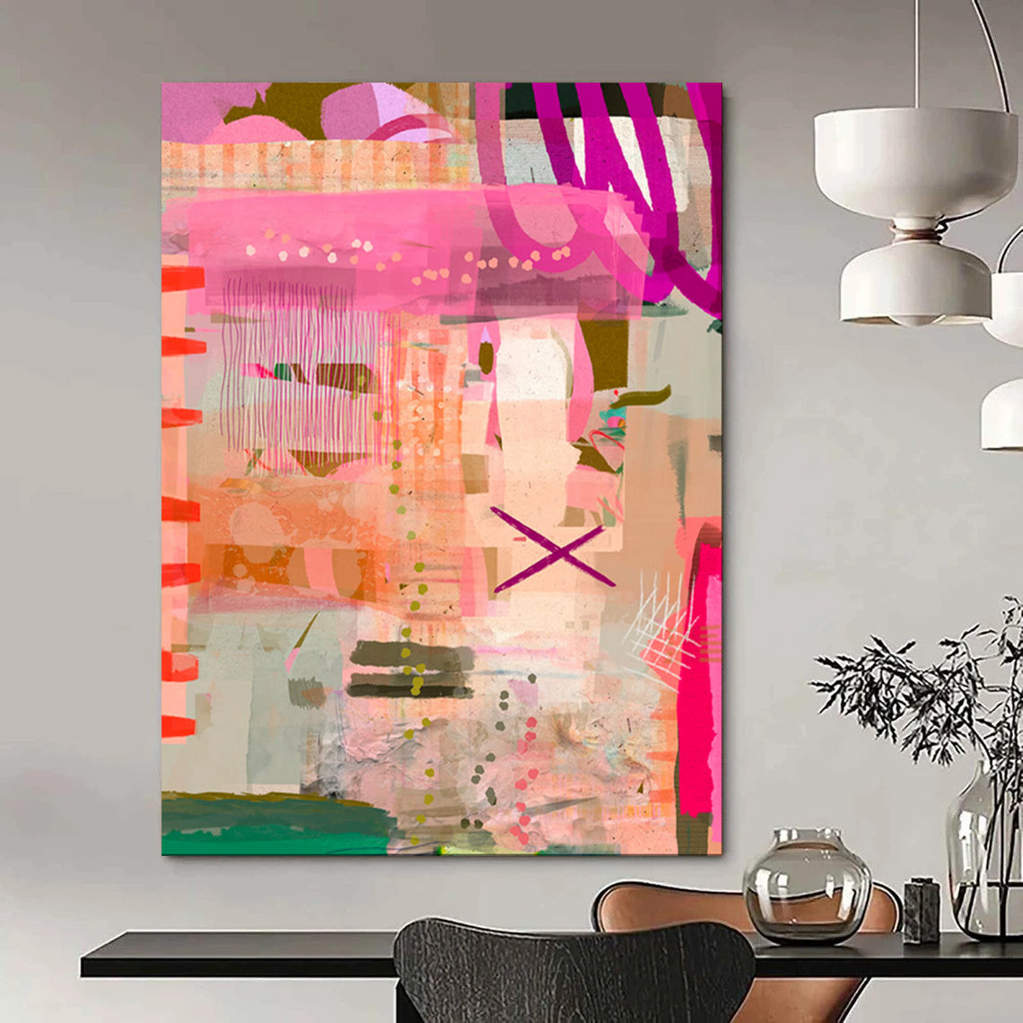 Pink, Orange, Playful Patterns - "Pink Pop Fiesta" - Abstract Mixed - media Art CT1816
