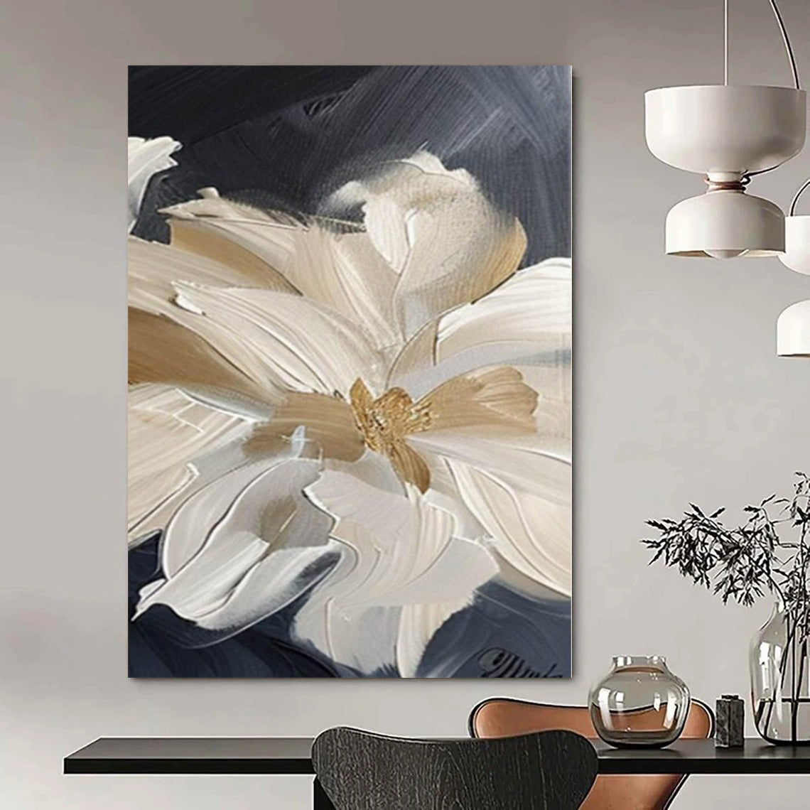 “Textured Beige - White Floral on Black (Close - up)” – Impasto Floral Painting CT1092