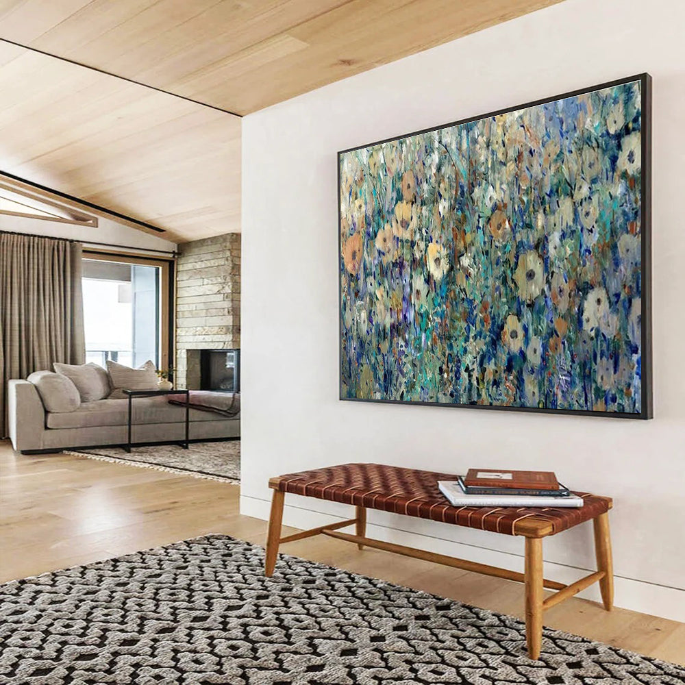 Impressionistic Wildflower Field - Blue, Green & Yellow Floral Painting On Canvas DKH897
