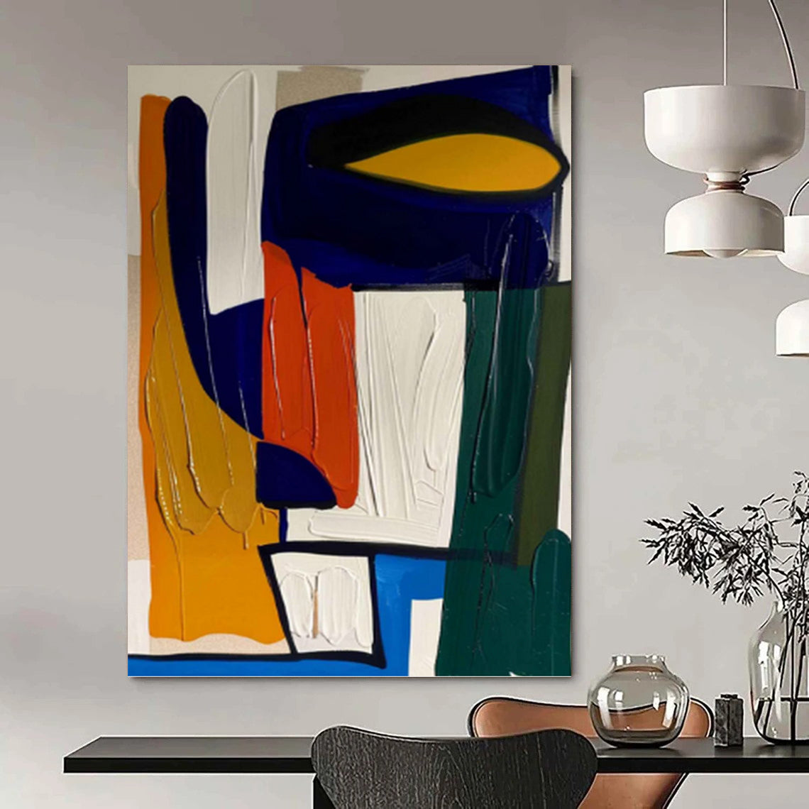 “Bold Geometric Palette” - Blue, Orange, Yellow & Green Abstract Shapes Painting On Canvas DKH1187
