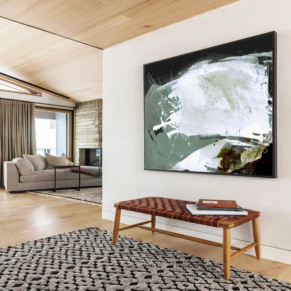 “Dynamic White and Green Strokes” Abstract Expressionist Painting On Canvas DLZ133