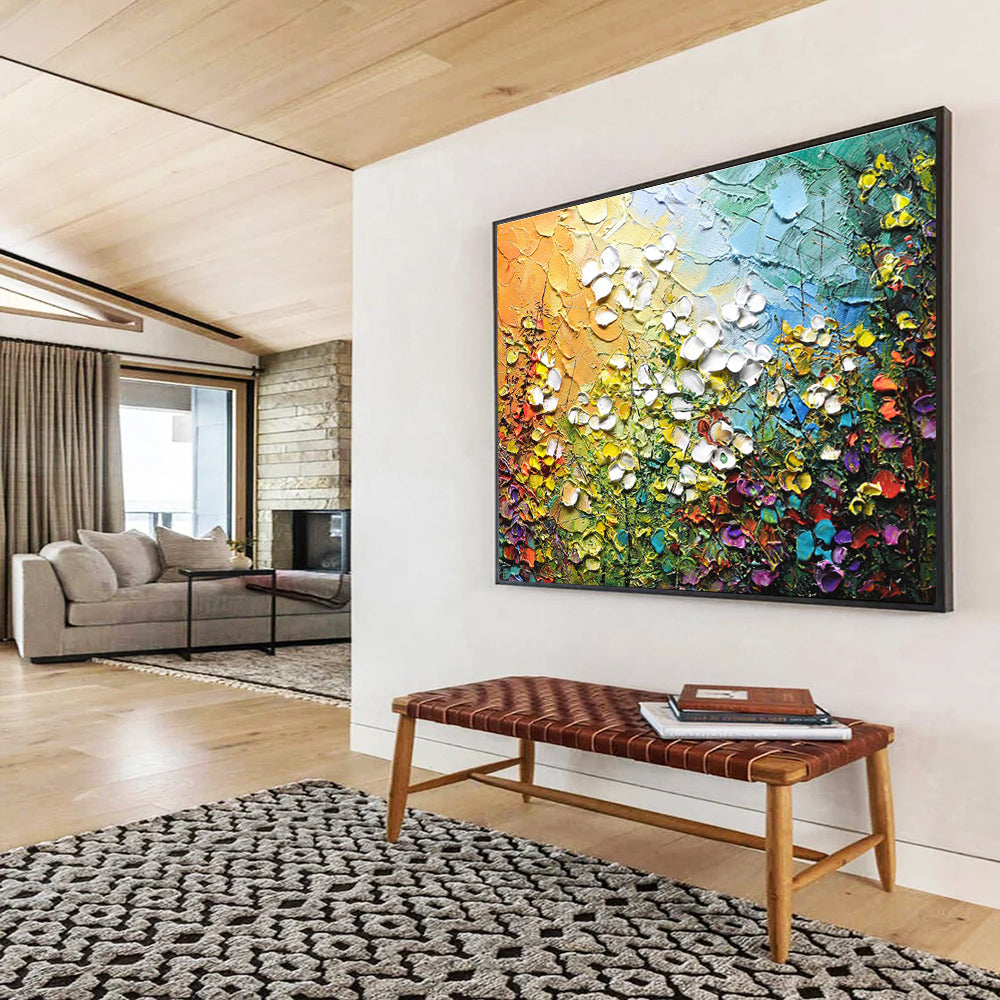“Textured Floral Burst” Impasto Oil Painting On Canvas DKH443