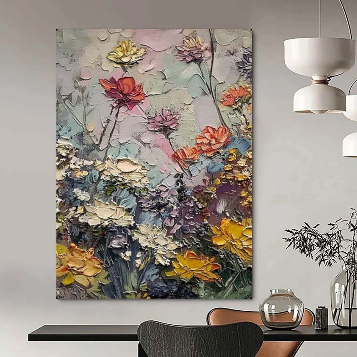 “Textured Colorful Flower Garden” – Impasto Floral Oil Painting On Canvas CT2142
