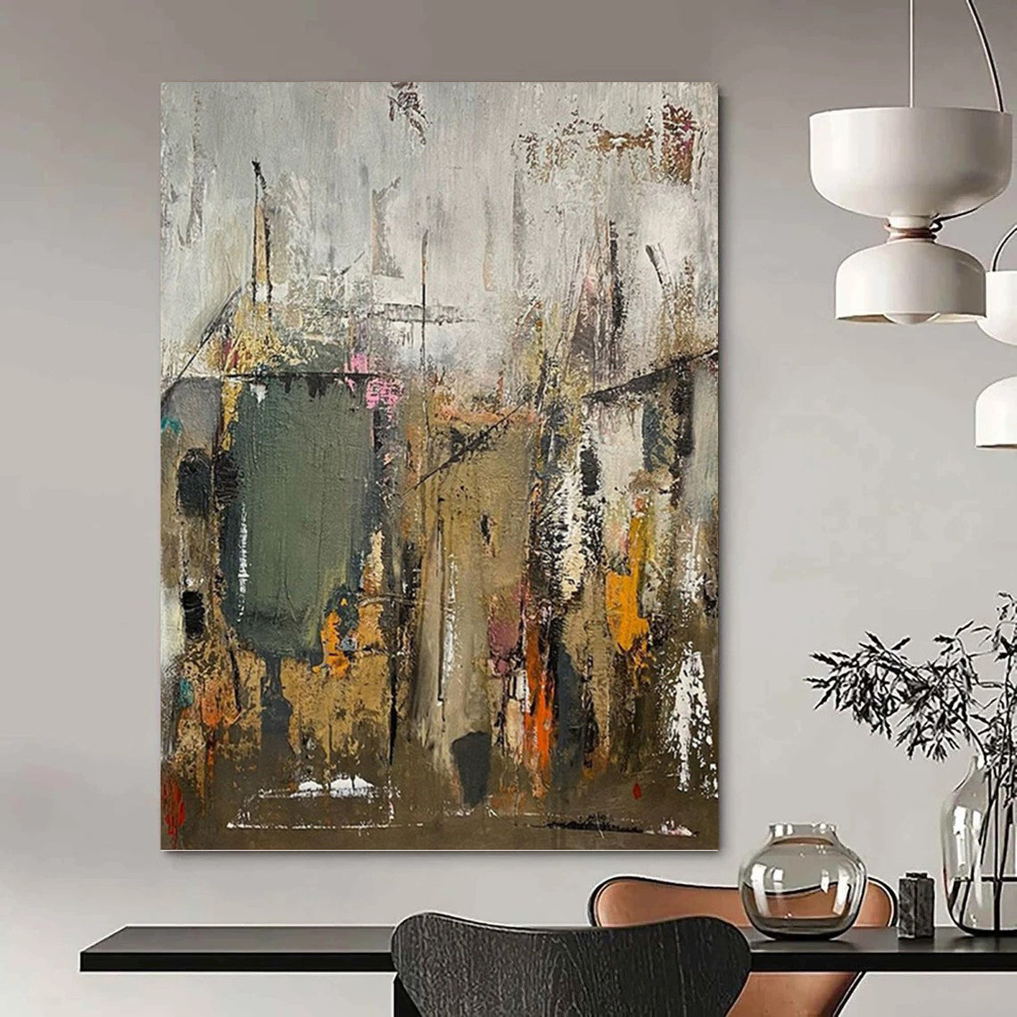 “Urban Abstract Layers” - Gray, Green, Orange & Pink Abstract Cityscape Painting DKH1038