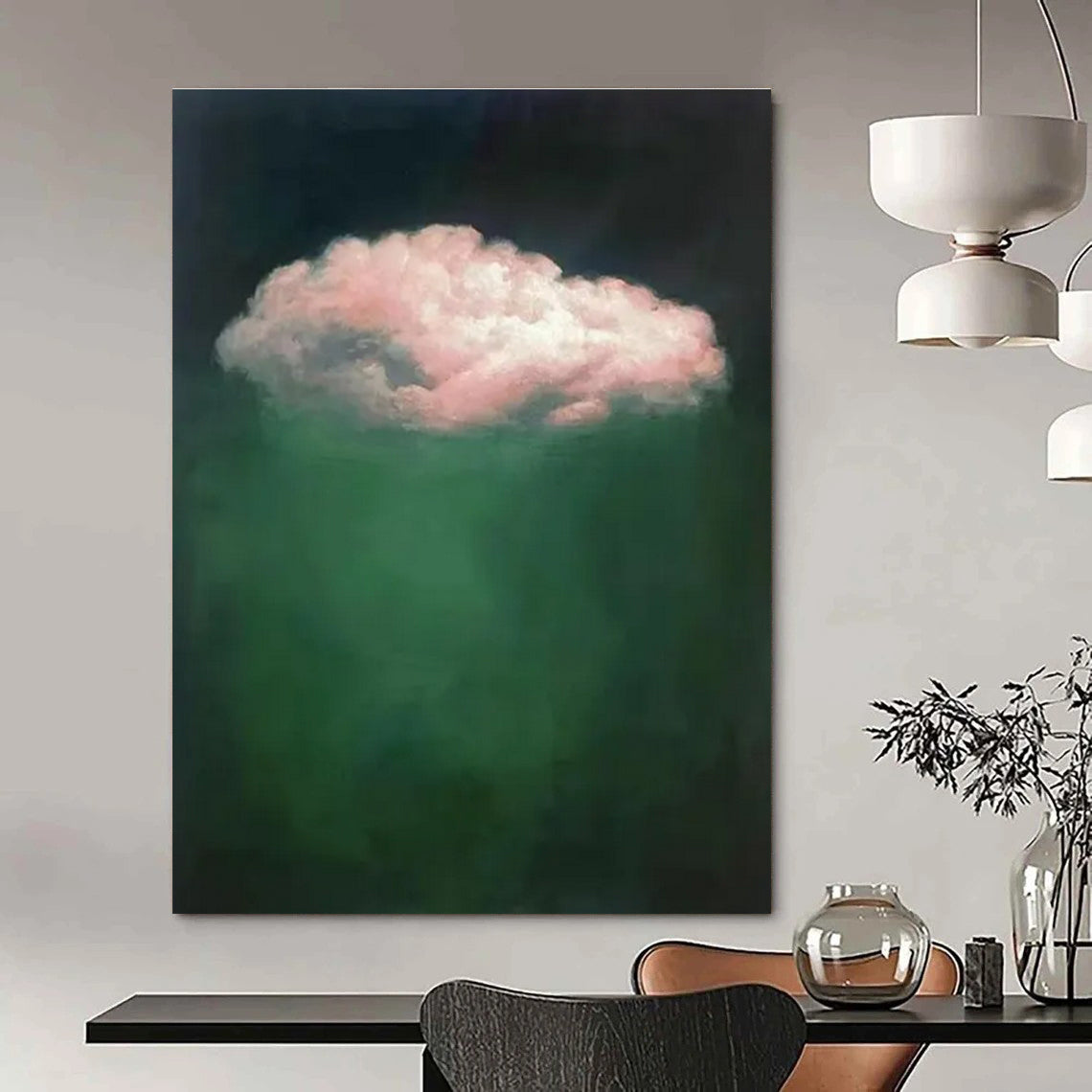 Pink Cloud, Deep Green Background - "Floating Fantasy" - Surrealist Oil Painting CT1442