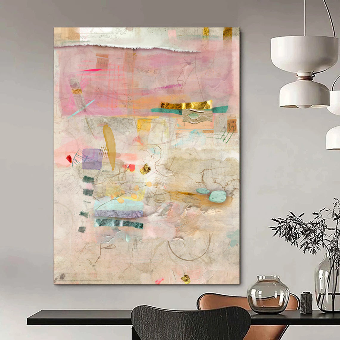 Pink, Gold, Mixed Media - "Elegant Chaos" - Mixed - media Abstract Art CT1853