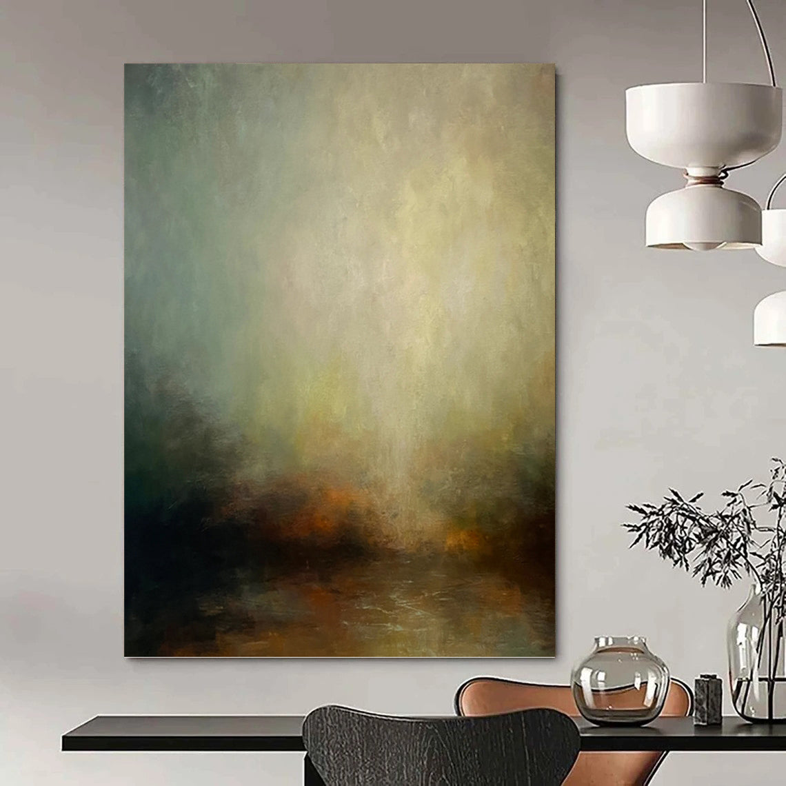 “Ethereal Glow” - Green, Yellow, Gray & Brown Abstract Landscape Painting On Canvas DKH1535