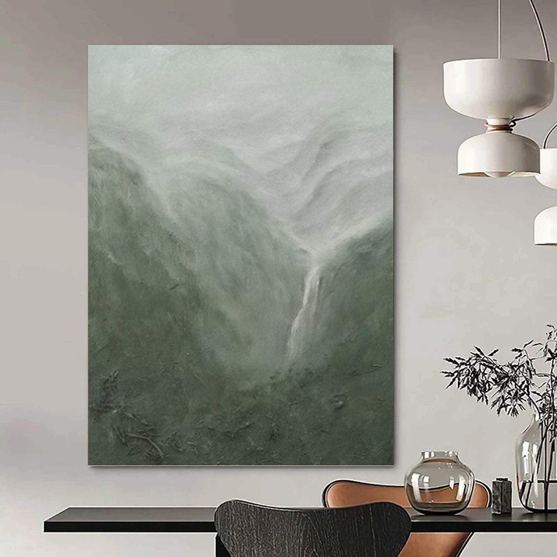 Misty Mountain Landscape in Green and Gray - Landscape Painting On Canvas DKH1490