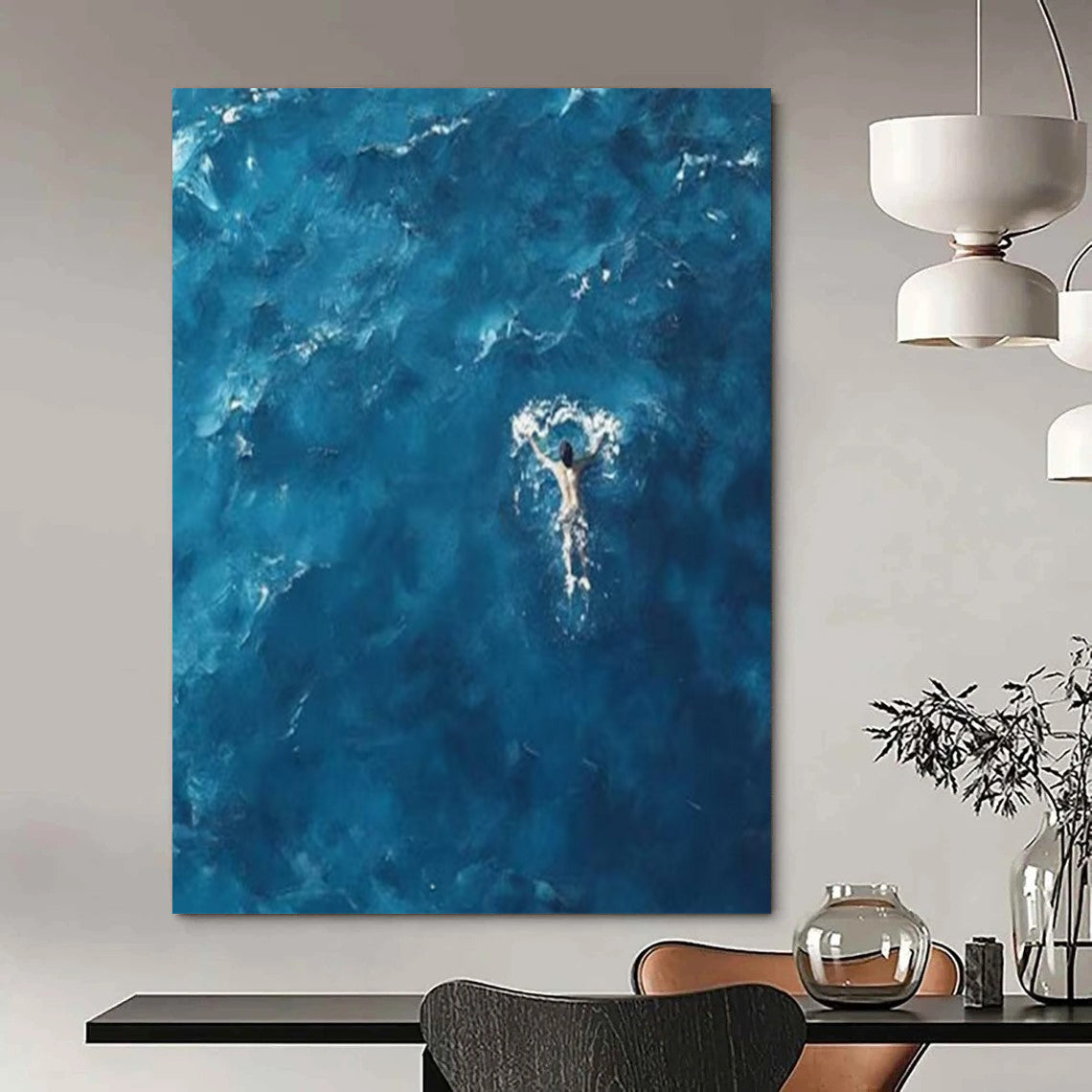 “Solitary Swimmer in Azure Sea” – Minimalist Seascape Painting CT1065