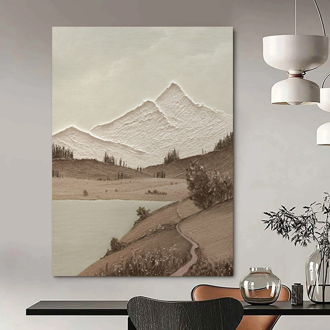“Monochrome Mountain Serenity - Brown, White Textured Landscape” Painting On Canvas DTP268