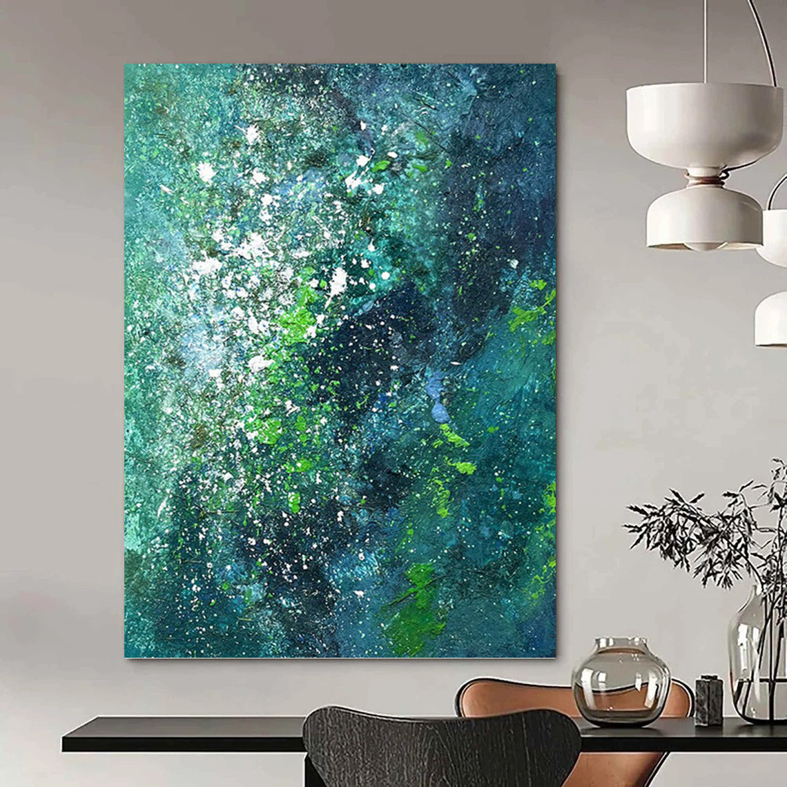 “Teal & Green Abstract Galaxy” - Teal, Green & White Cosmic - Inspired Painting On Canvas DKH1029
