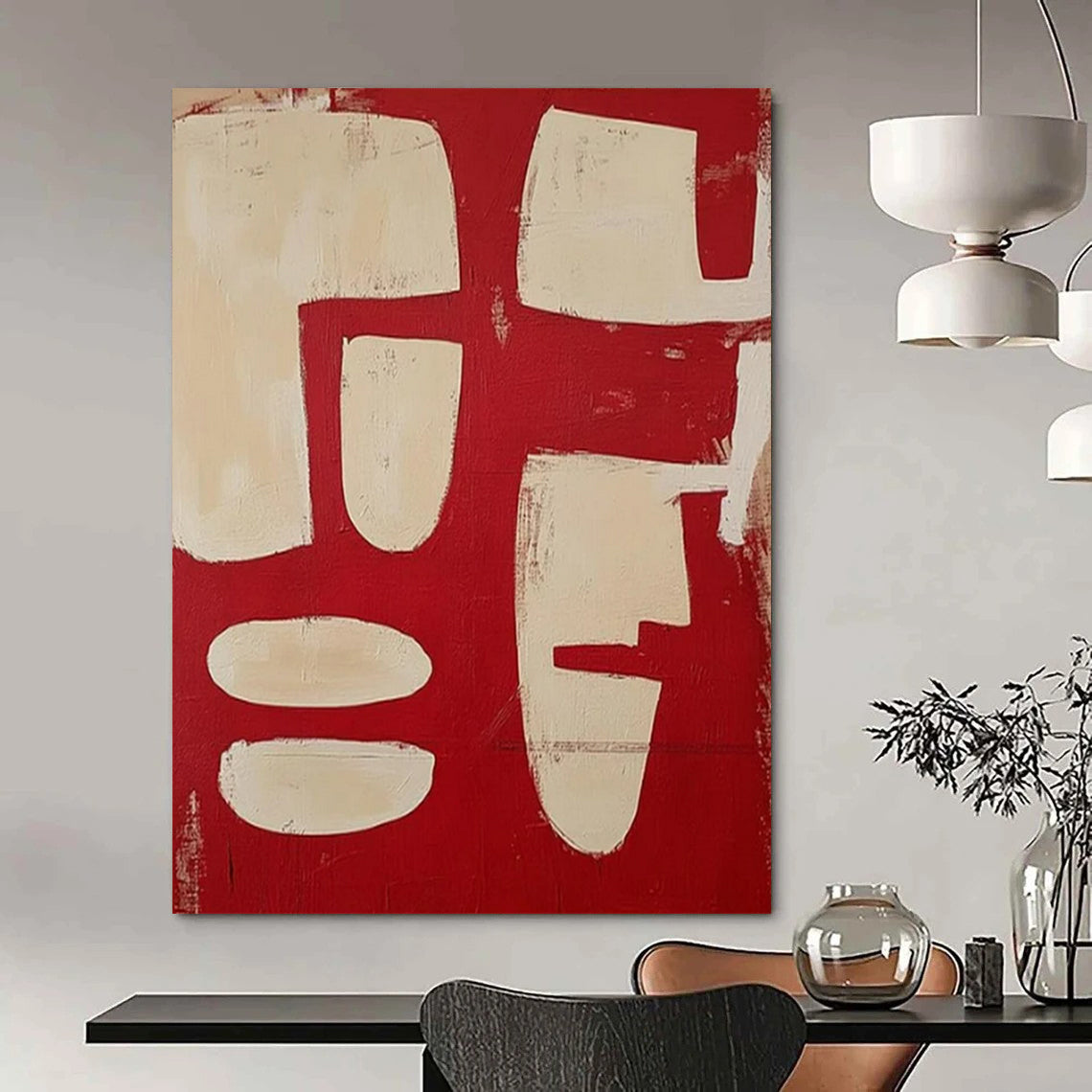 “Red & Beige Geometric Abstract” - Abstract Painting CT2367