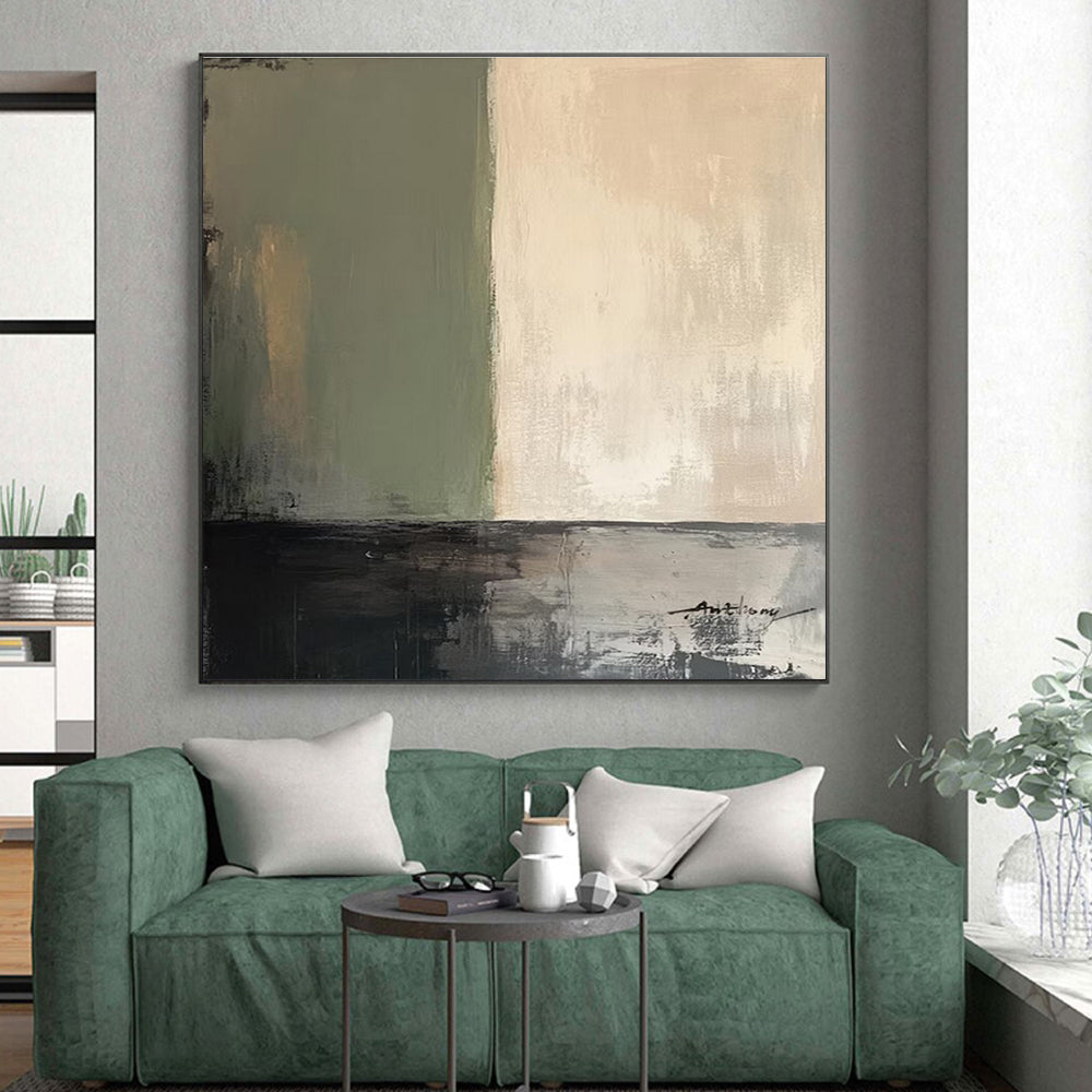 “Green - Beige - Black Abstract Divisions” ,Abstract Acrylic Painting CT0785