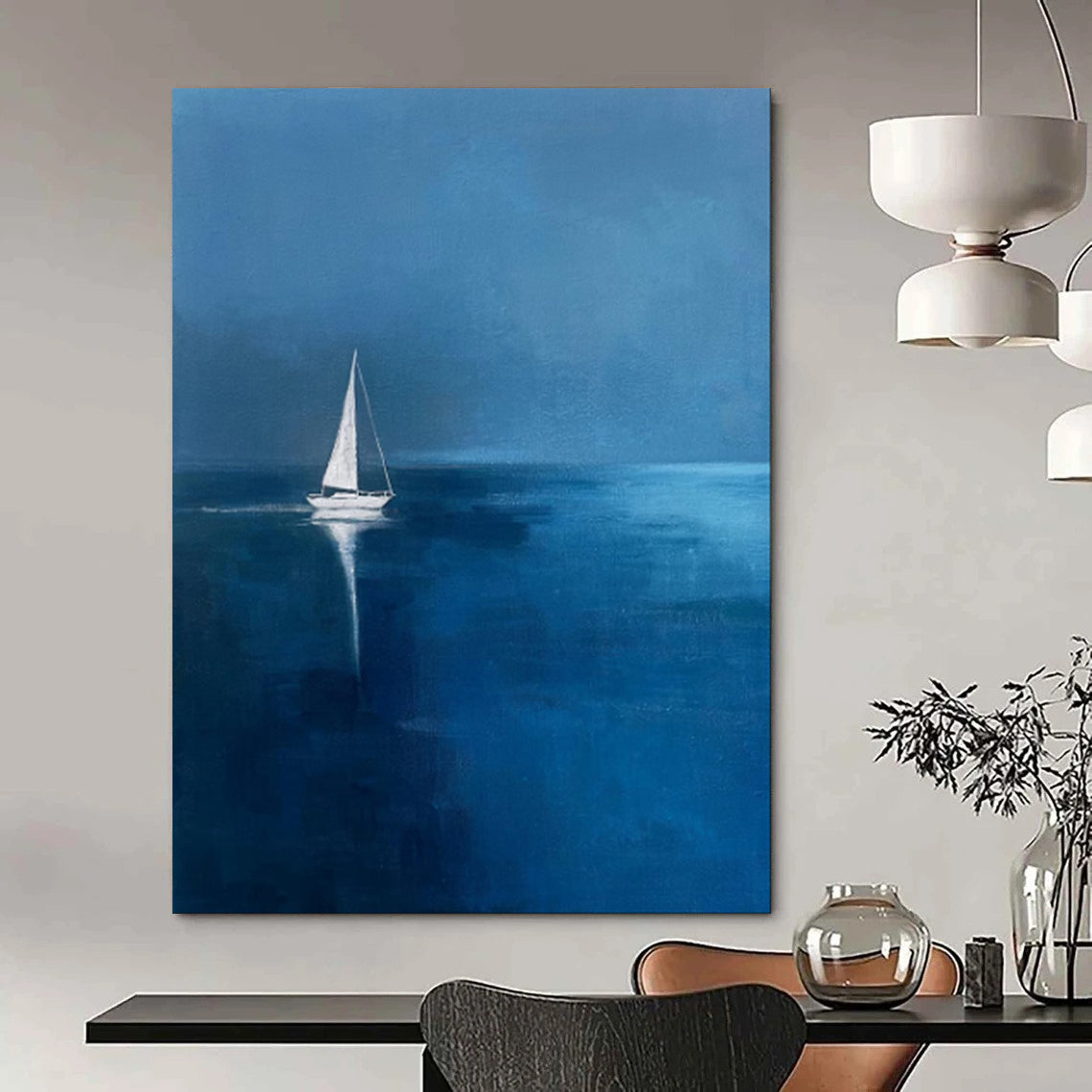 “Midnight Sail: Solitary Boat on Blue” - Minimalist Nautical Oil on Canvas CT1877
