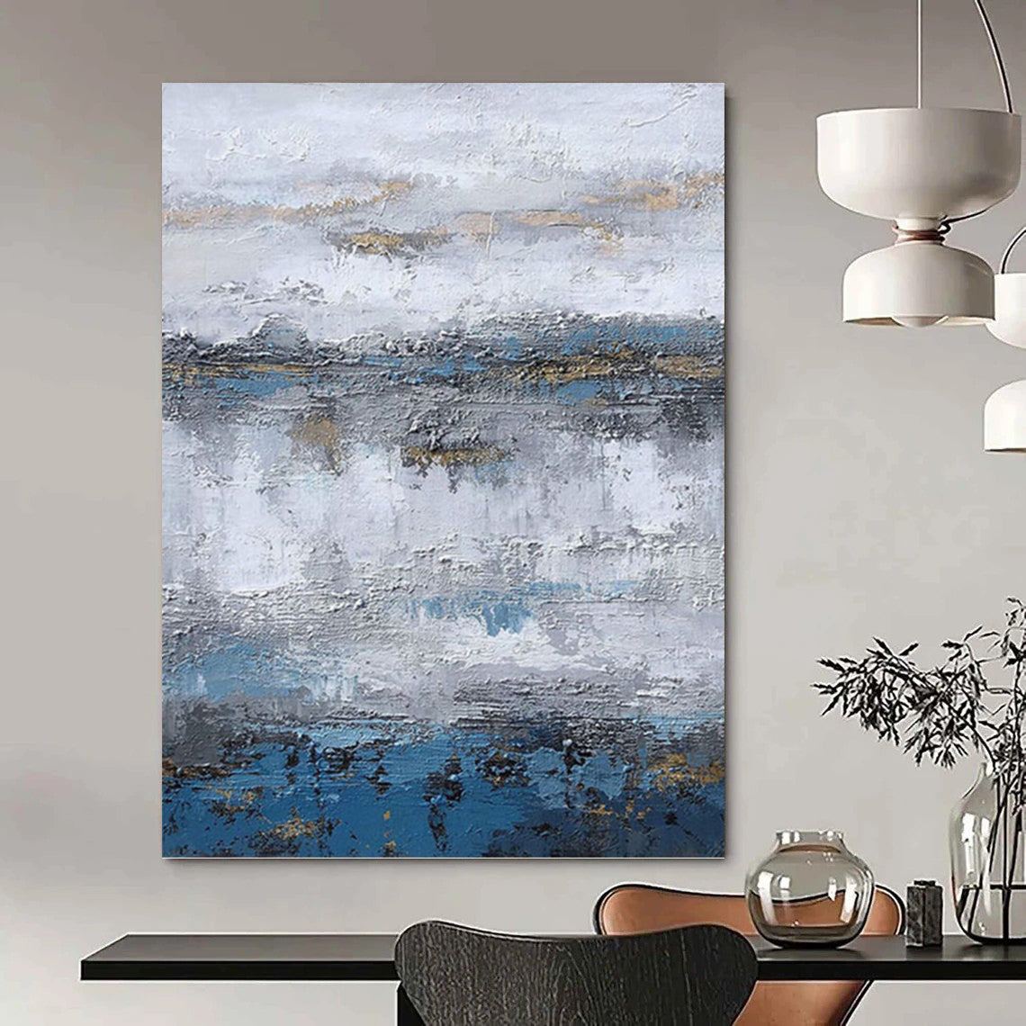 “Gray - Blue - Gold Textured Abstract Landscape” Painting On Canvas DKH1226