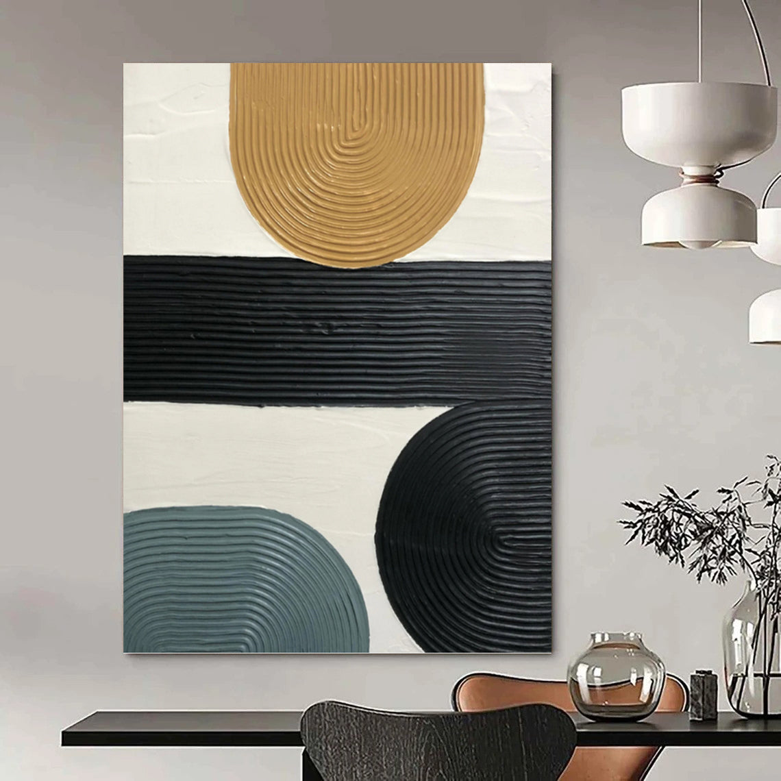 “Neutral Geometric Ribbons” - Black, Tan & Blue Textured Shapes Painting On Canvas DKH1177