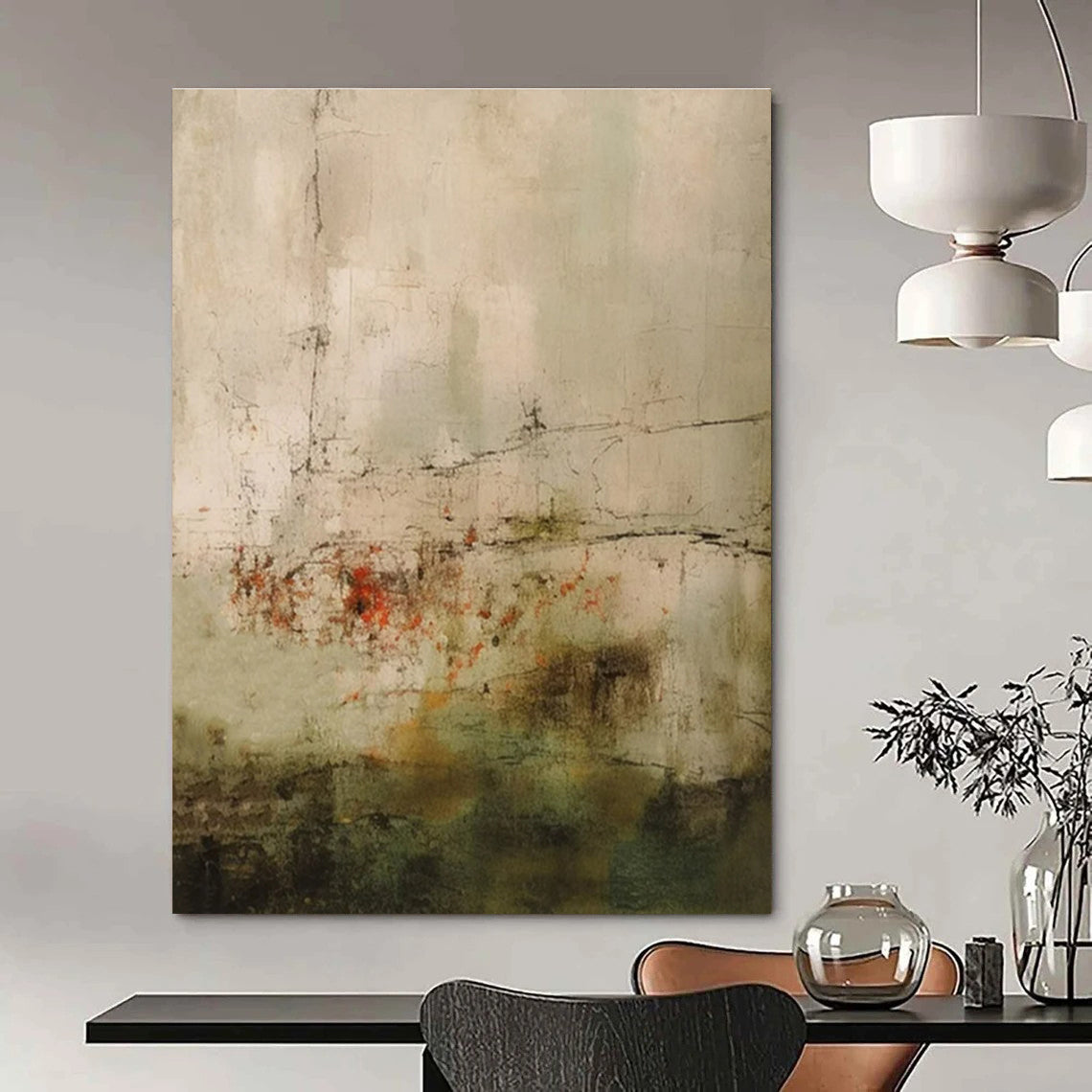 Muted Tones with Red Accents & Textured Layers - "Faded Memories" - Abstract Mixed - media Painting CT1469