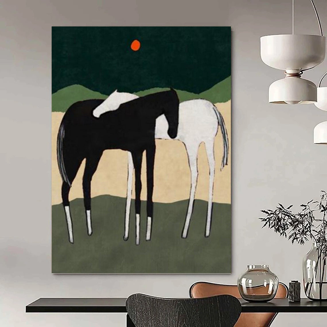 Horses in Landscape with Red Sun - Equine Landscape Painting On Canvas DKH1412