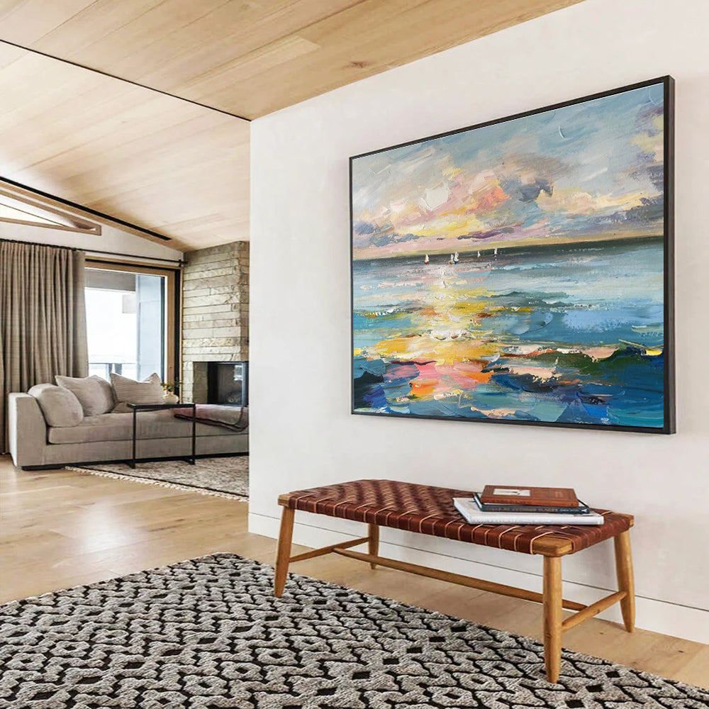 Colorful Sunset, Ocean, and Sailboats “Sailors’ Dusk Delight” Painting On Canvas DKH115