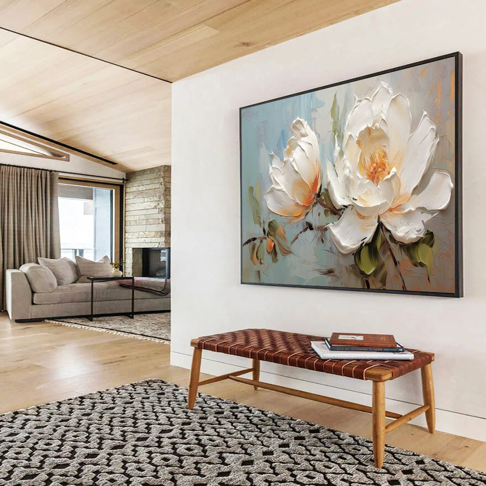White Peonies with Textured Petals - Impasto Floral Painting On Canvas DLZ174
