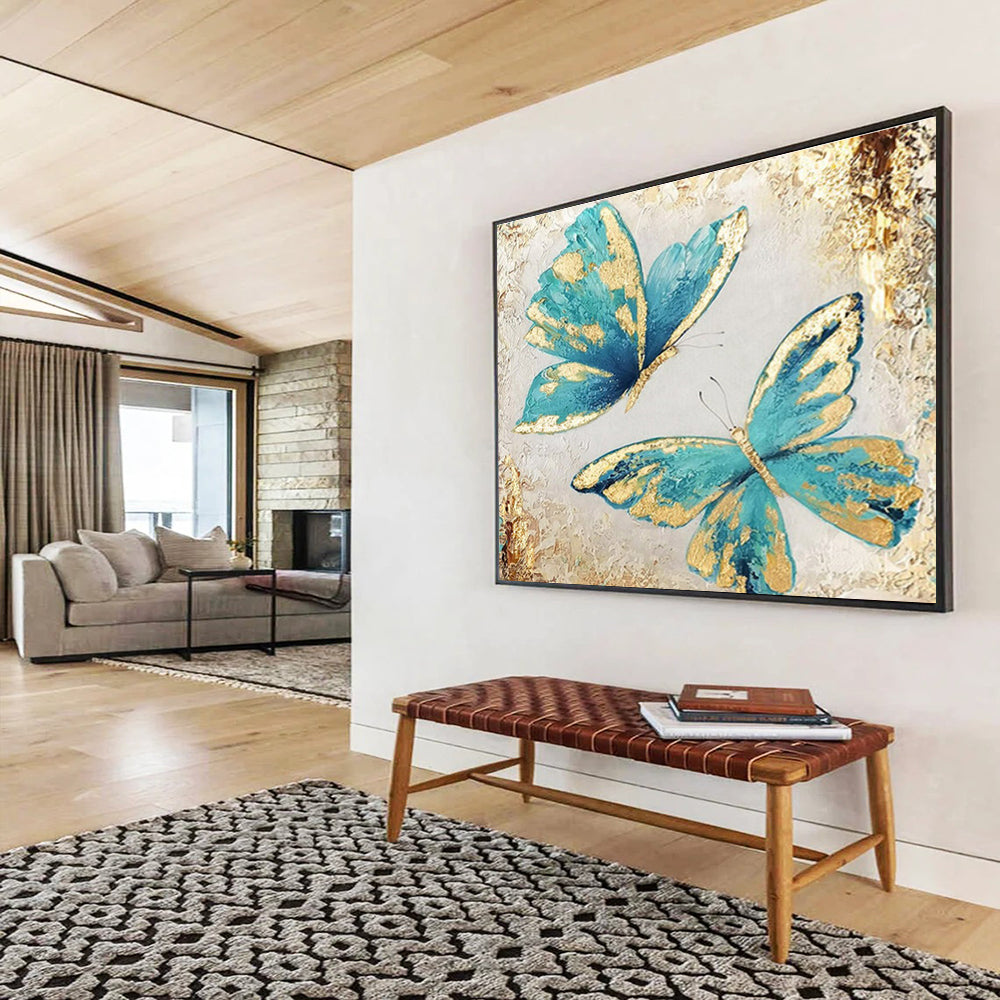 “Teal & Gold Butterflies” - Blue, Gold, White Impasto Insect Painting On Canvas DKH734