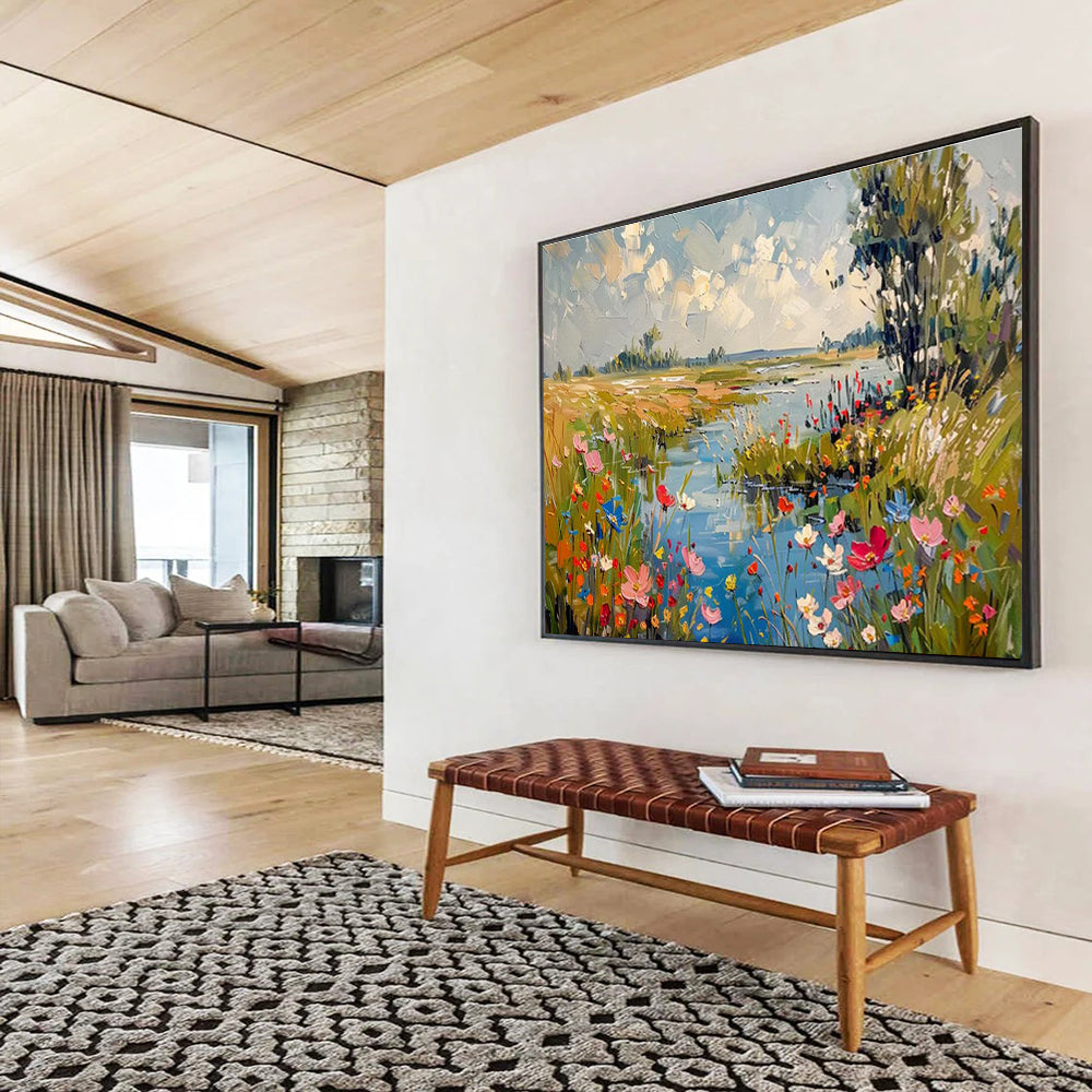 “Riverside Wildflower Meadow” - Impasto Scenery Painting On Canvas DKH833