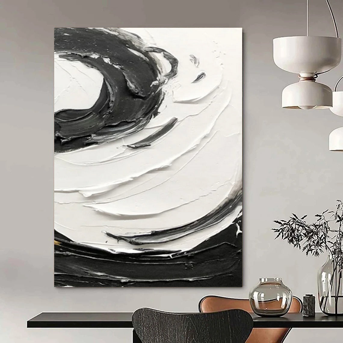 “Black, White Textured Swirls ‘Bold Rhythm’” - Impasto Abstract Painting On Canvas DTP380