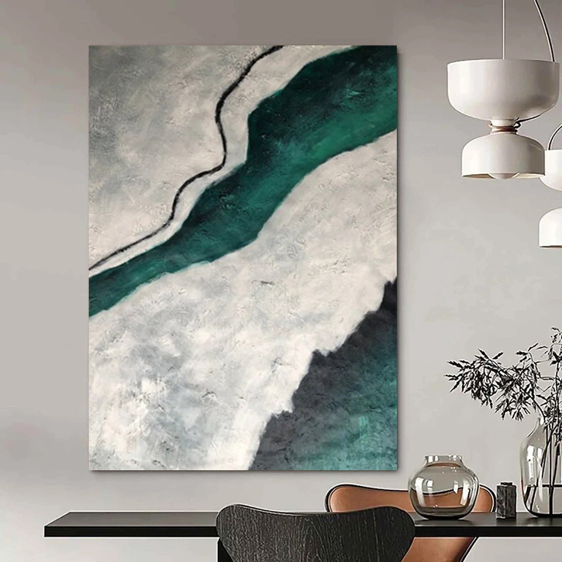 “Gray, Teal, Black Textured River ‘Ethereal Flow’” - Impasto Abstract Painting On Canvas DTP403