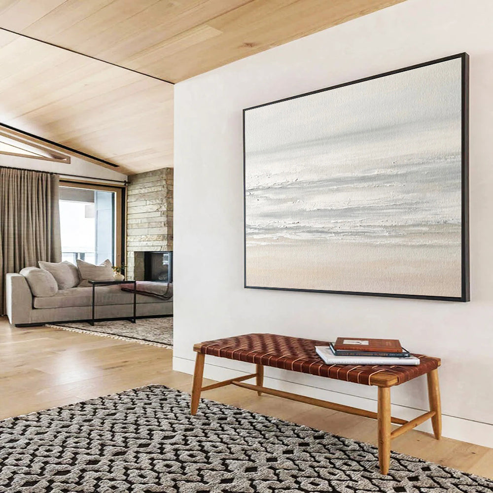 “Minimalist Seaside”:Subtle Gray White Coastal Painting On Canvas DKH258