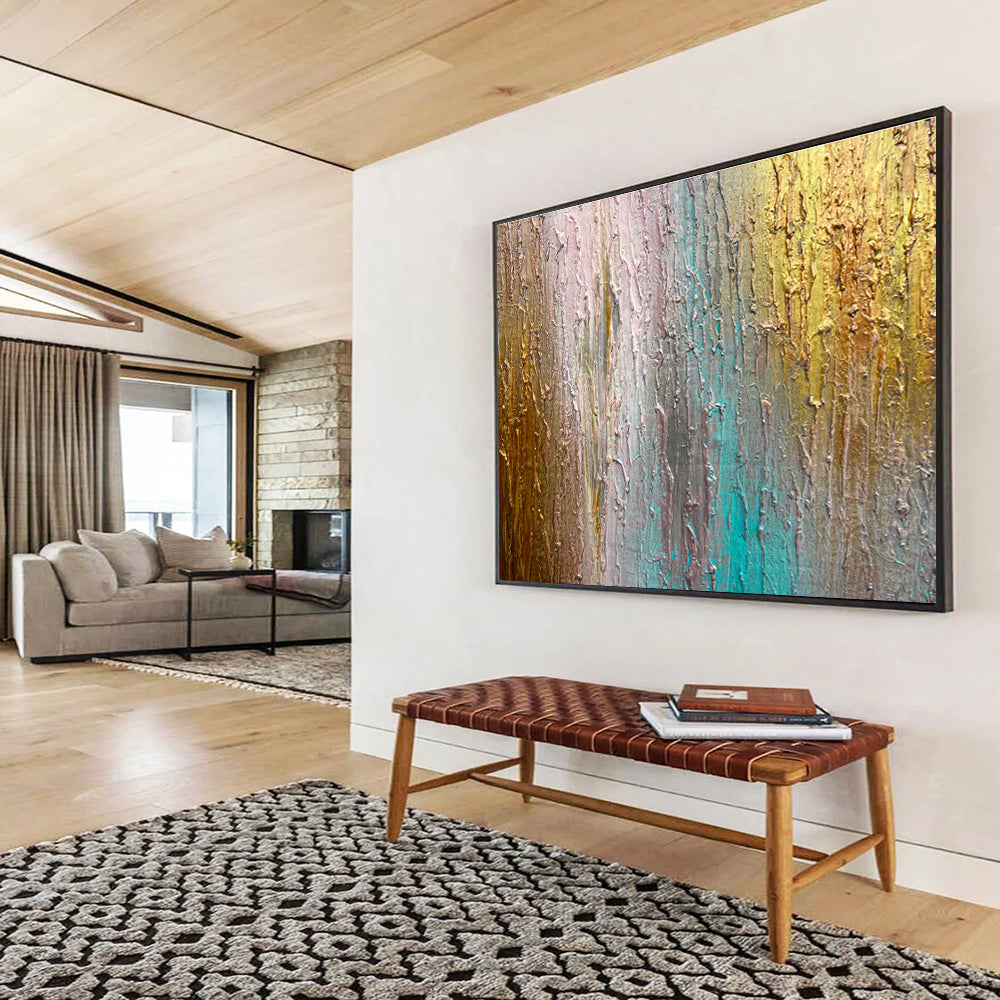 Colorful Textured Streaks - Gold, Blue & Pink Abstract Painting On Canvas DKH916