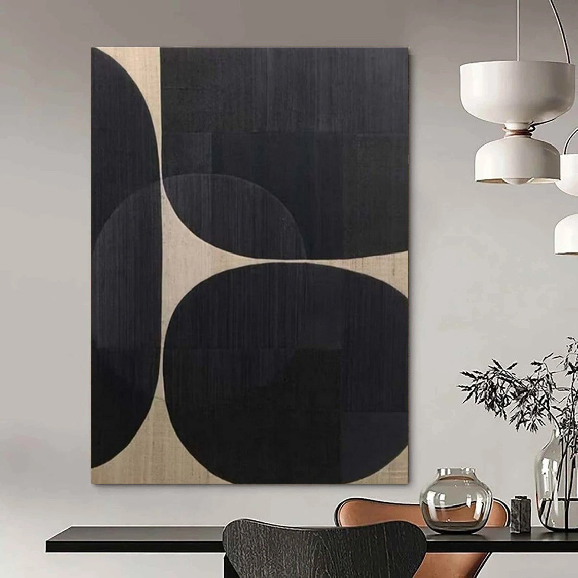 Black Circles on Beige - "Geometric Rhythm" - Abstract Minimalist Painting CT1474