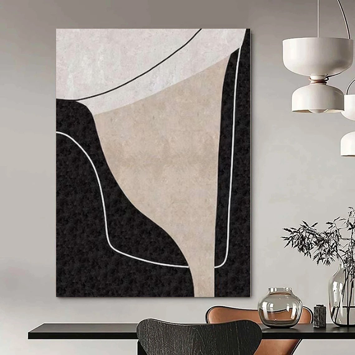 “Beige - Black - White Geometric Forms(Variation)” – Geometric Abstract Painting CT1163