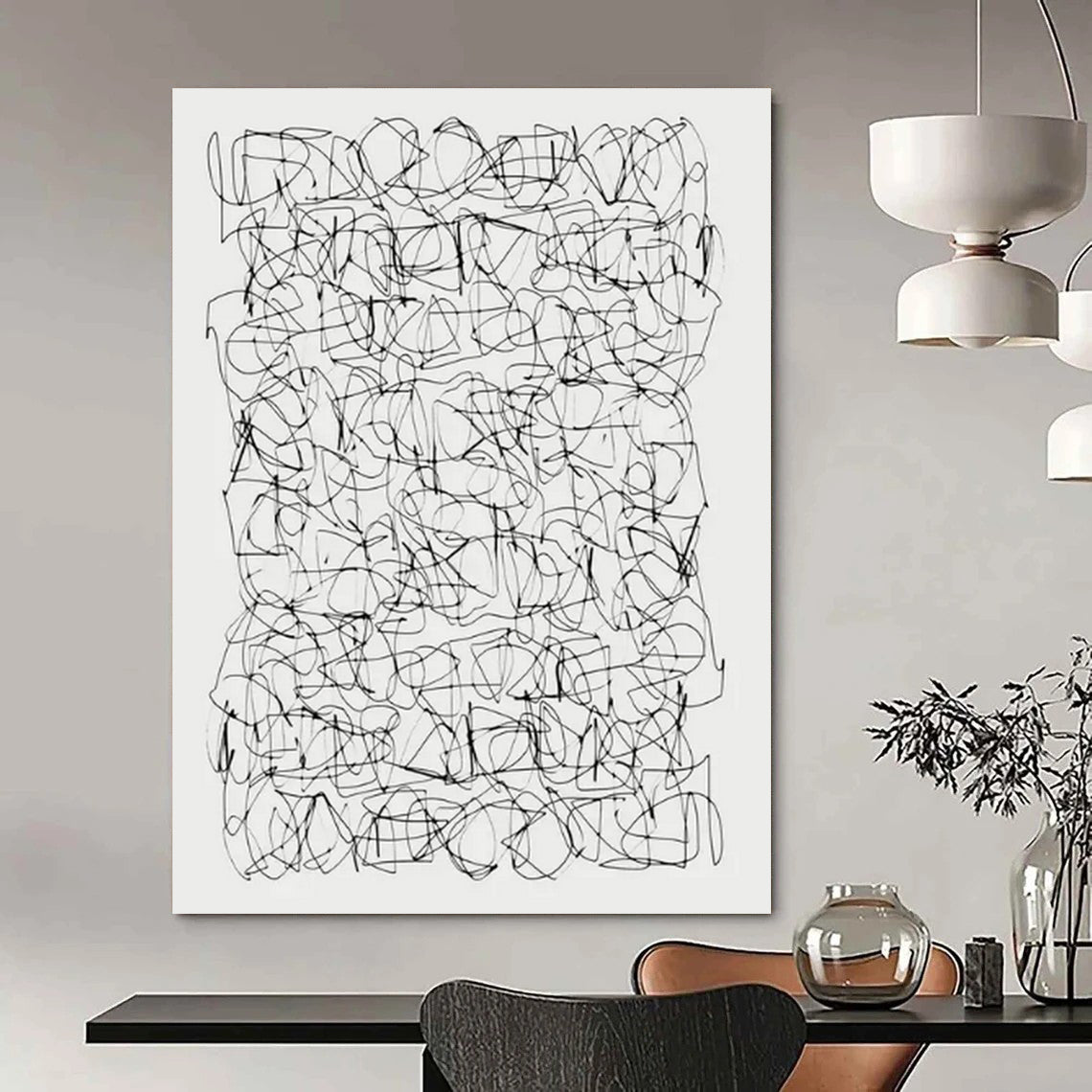 “Intricate Black & White Line Web” - Minimalist Abstract Drawing On Canvas CT2315