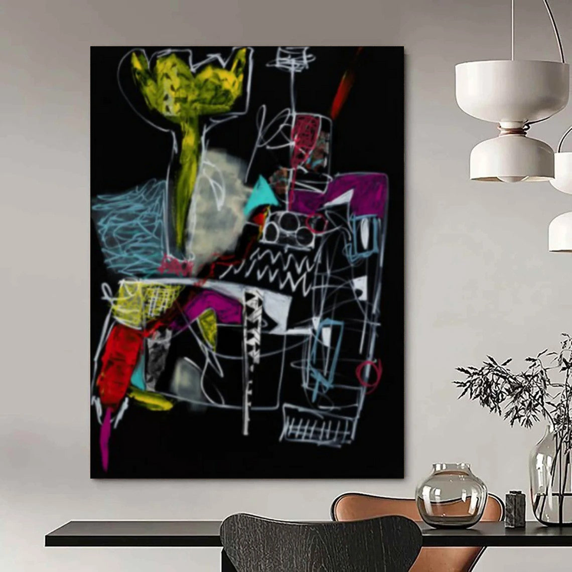 “Dark Abstract Sketch” - Neon, White, Black Expressive Drawing Painting On Canvas DTP294