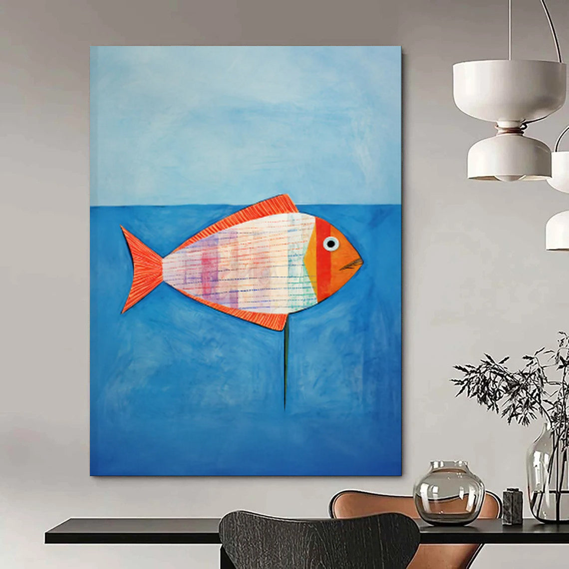 Colorful Striped Fish, Blue Sea - "Patchwork Fish" - Naive Art - style Painting CT1836
