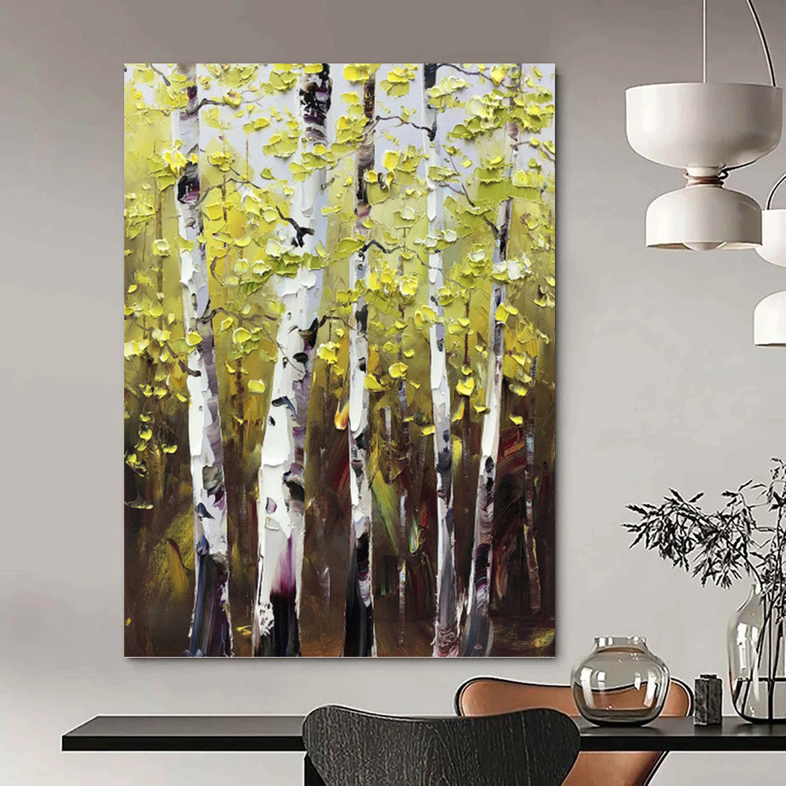 Sunlit Birch Forest in Green and Yellow - Landscape Painting On Canvas DKH1282