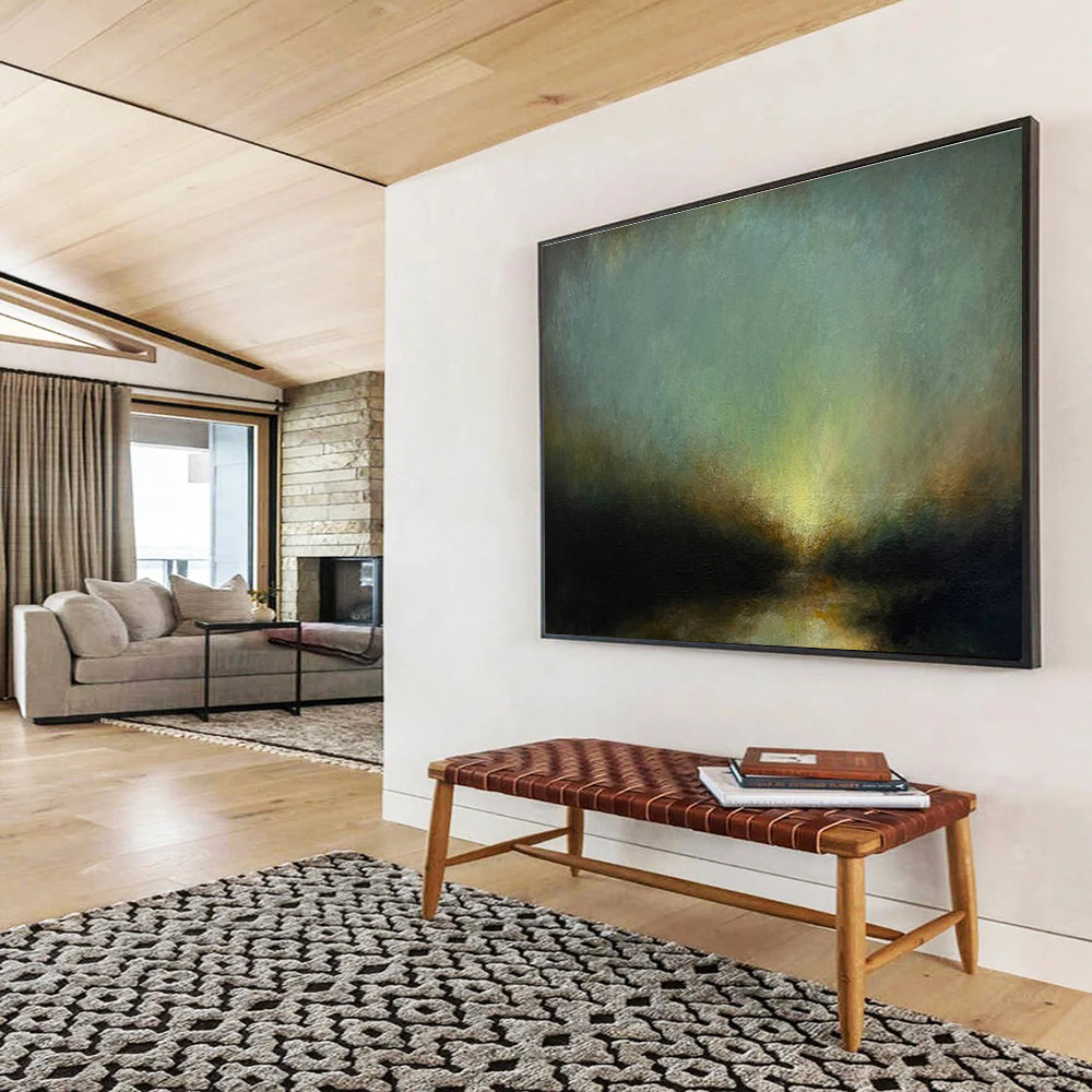 “Moody Green Sky Abstract River” - Atmospheric Landscape Painting On Canvas DKH777