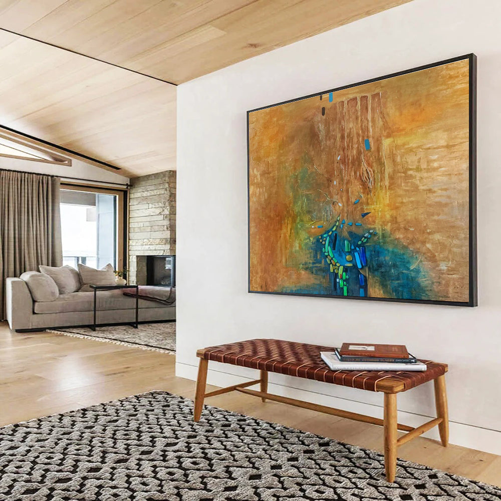“Brown, Blue & Green Abstract Cascade” Abstract Surrealist Painting On Canvas DKH388