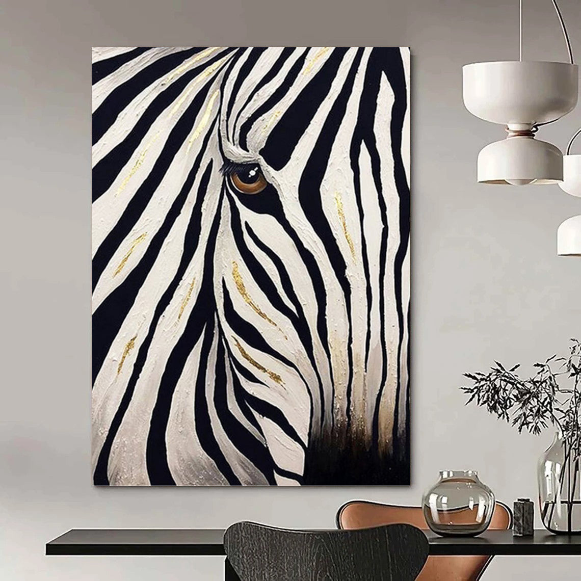 Zebra with Golden Accents in Black and White - Wildlife Painting On Canvas DKH1423