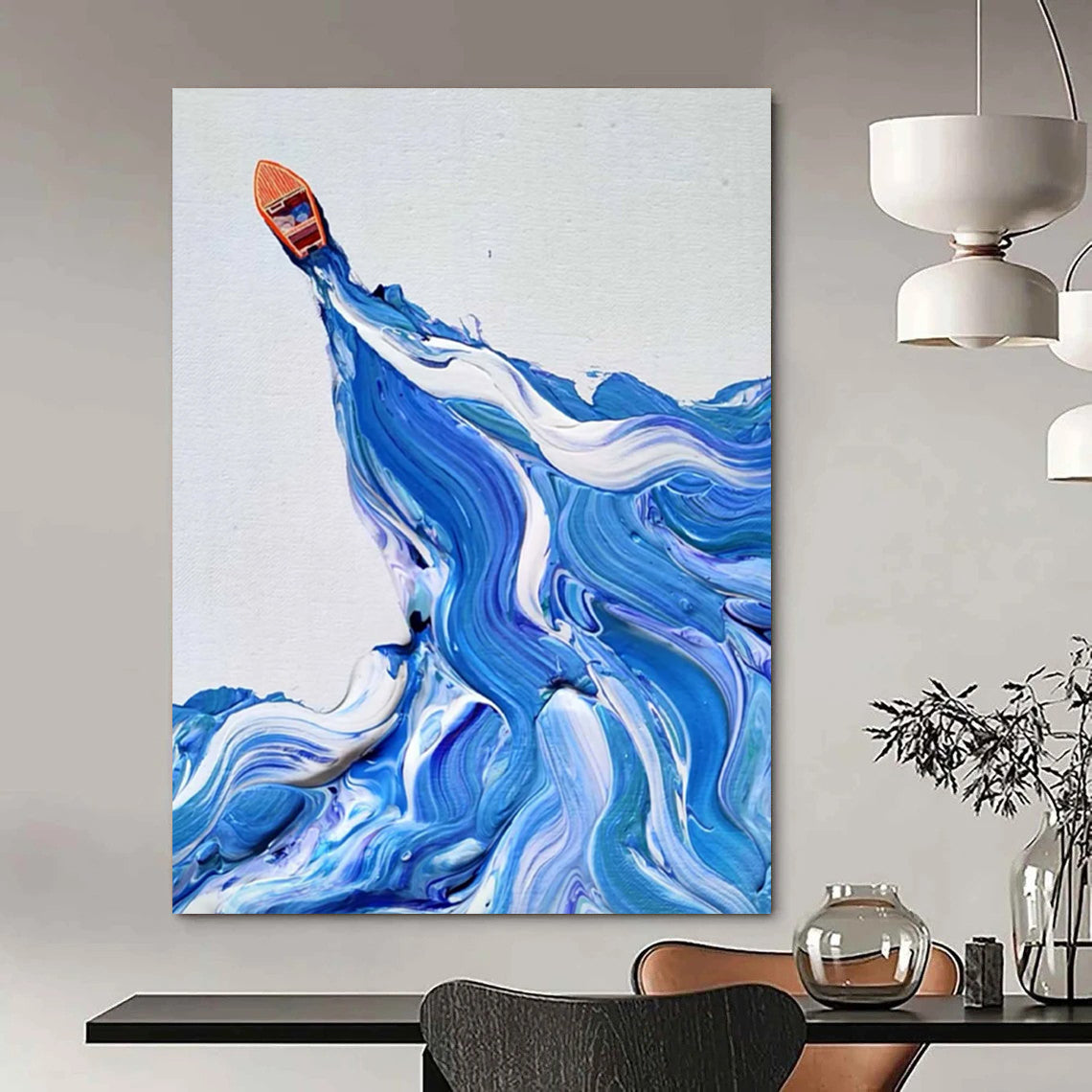 “Blue, White, Orange Boat ‘Ocean Voyage’” - Impasto Sea & Boat Painting On Canvas DTP321