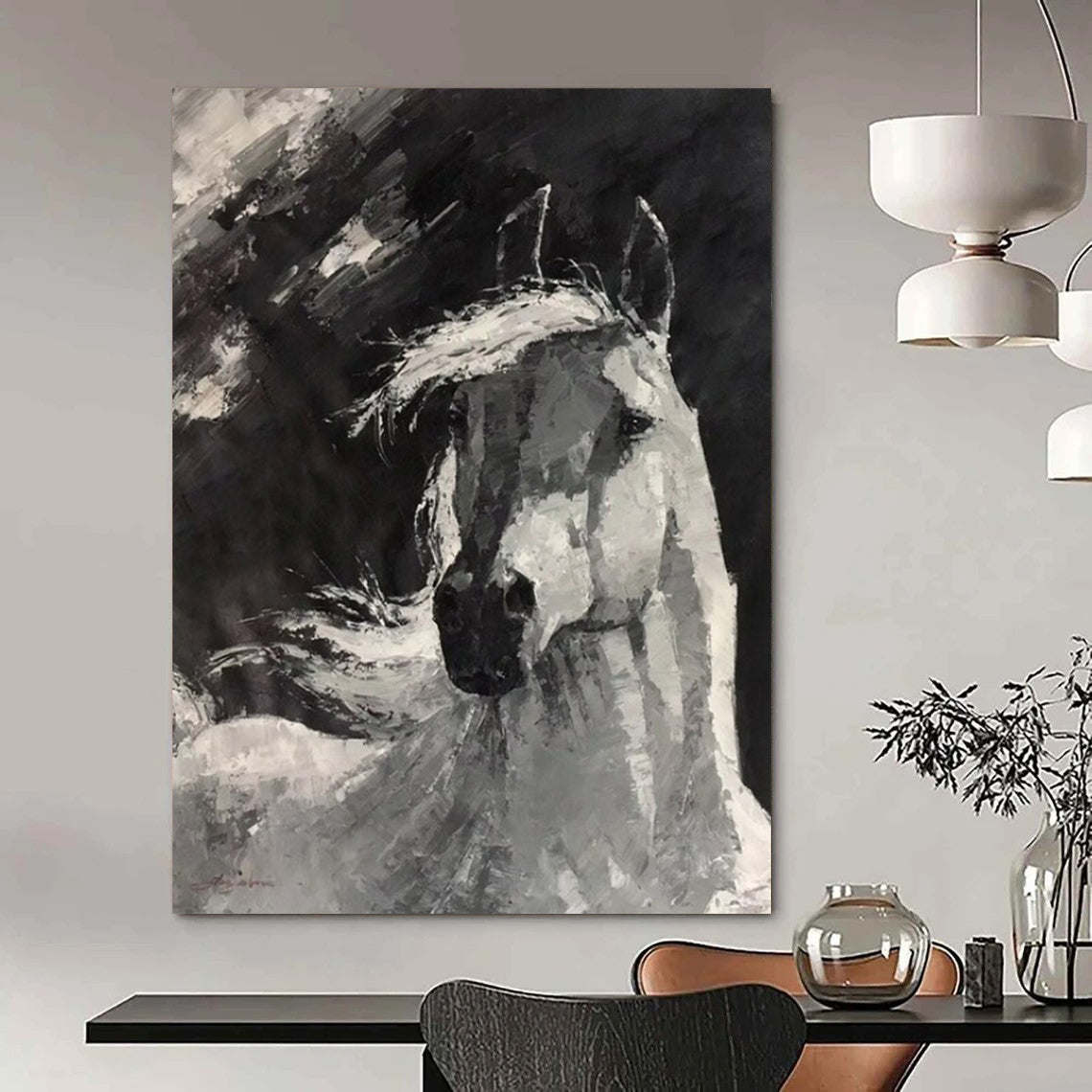 “Monochrome Gallant Steed” - Black and White Horse Head Painting On Canvas CT2183