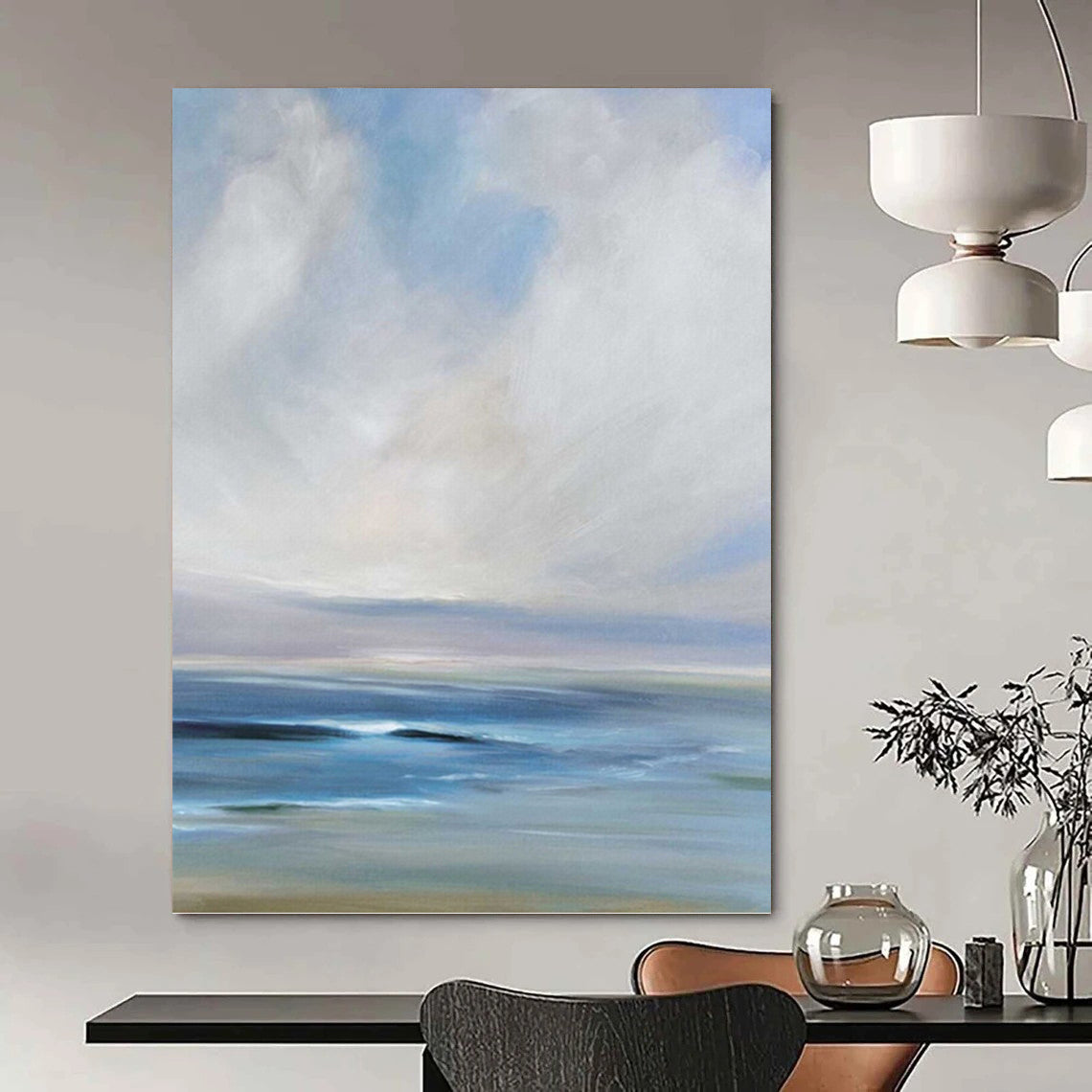 “Serene Coastal Blues” - Blue, White & Gray Impressionistic Seascape Painting On Canvas DKH0957