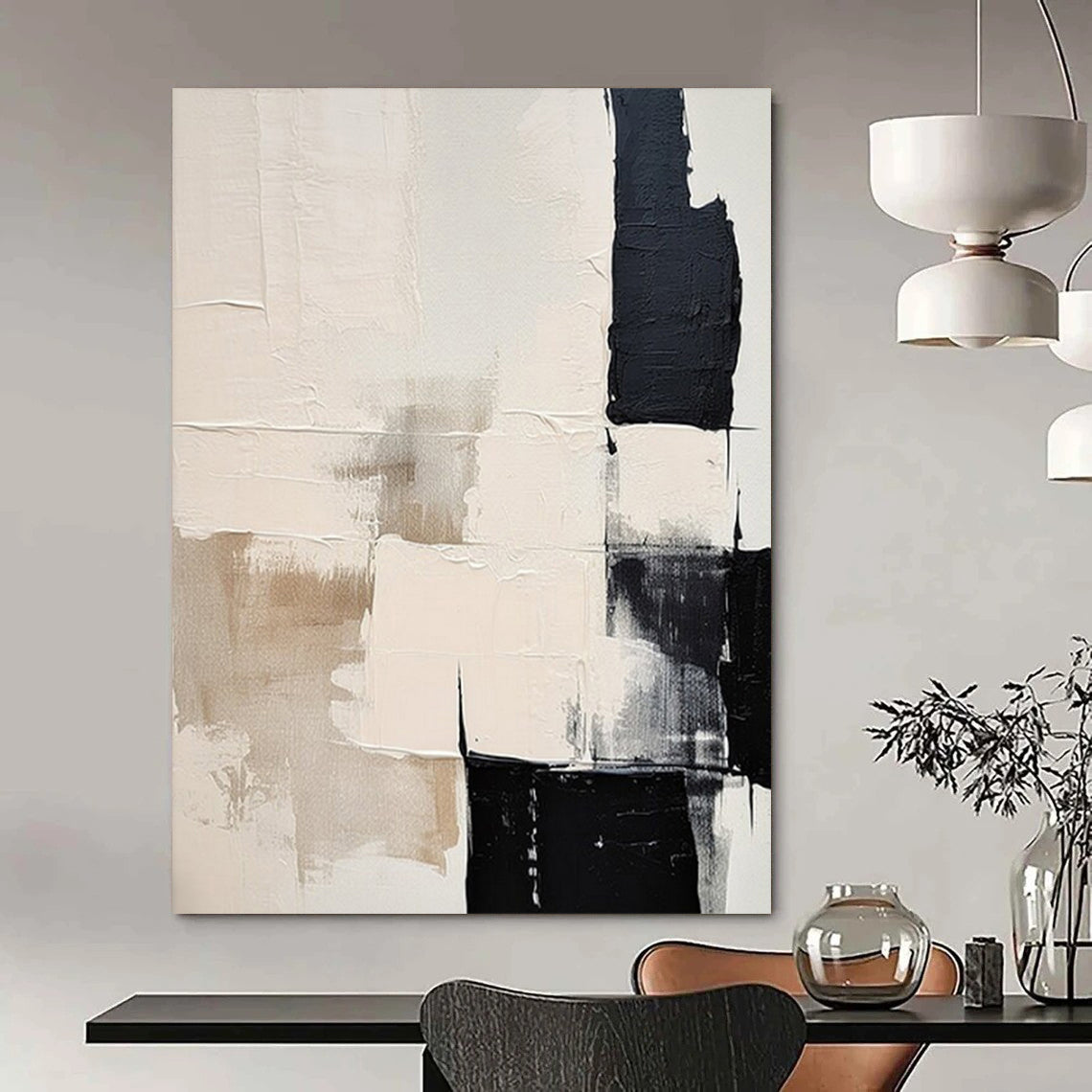“Beige - Black & White Textured Blocks” – Abstract Block Art CT0978